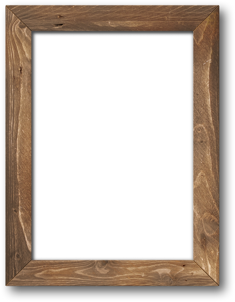 Old rustic wooden picture frame hanging on a white wall